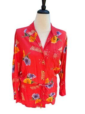 Vintage Red Floral Button-Up Belted Blouse With Long Sleeves & Pockets Size 6p